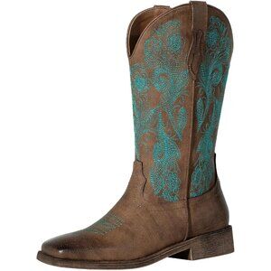 Women Dark-Brown Square Toe Calf High Fashion Western Embroidered Cowgirl Boots